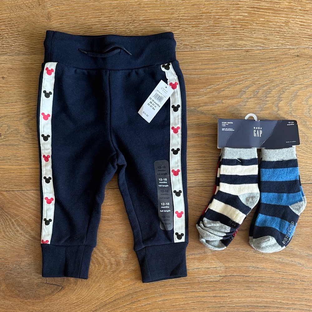 Baby GAP Navy Baby Joggers with Mickey Accent Tape and Striped Socks BNWT